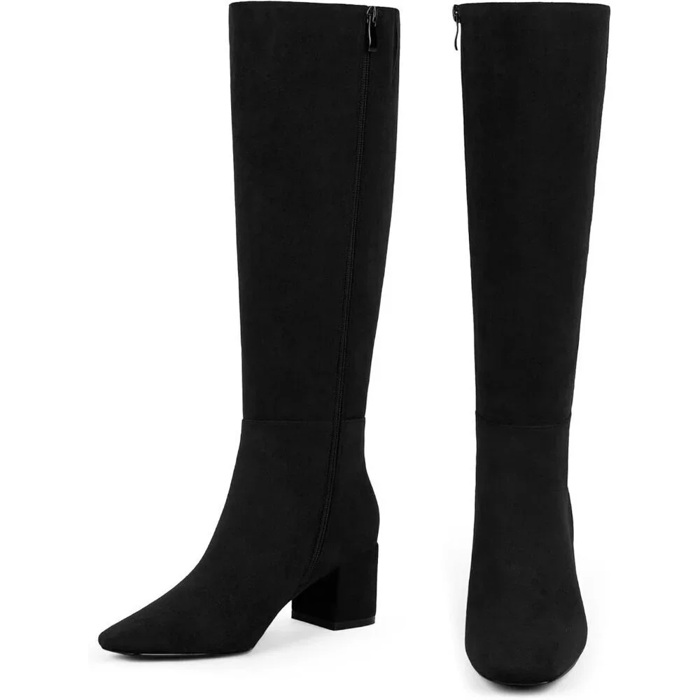 Women's Suede Black Knee High Boots Square Toe Tall Chunky Heel Rubber